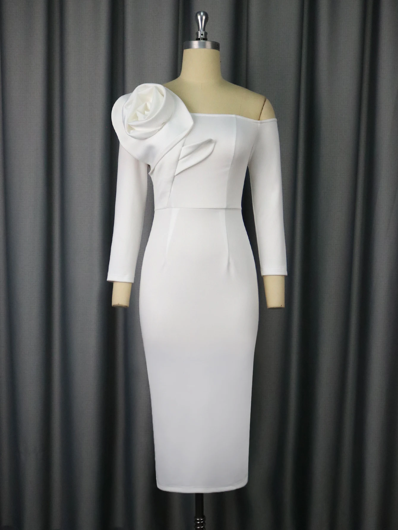 Elegant Off-Shoulder Midi Dress with 3D Flowers - Image 4