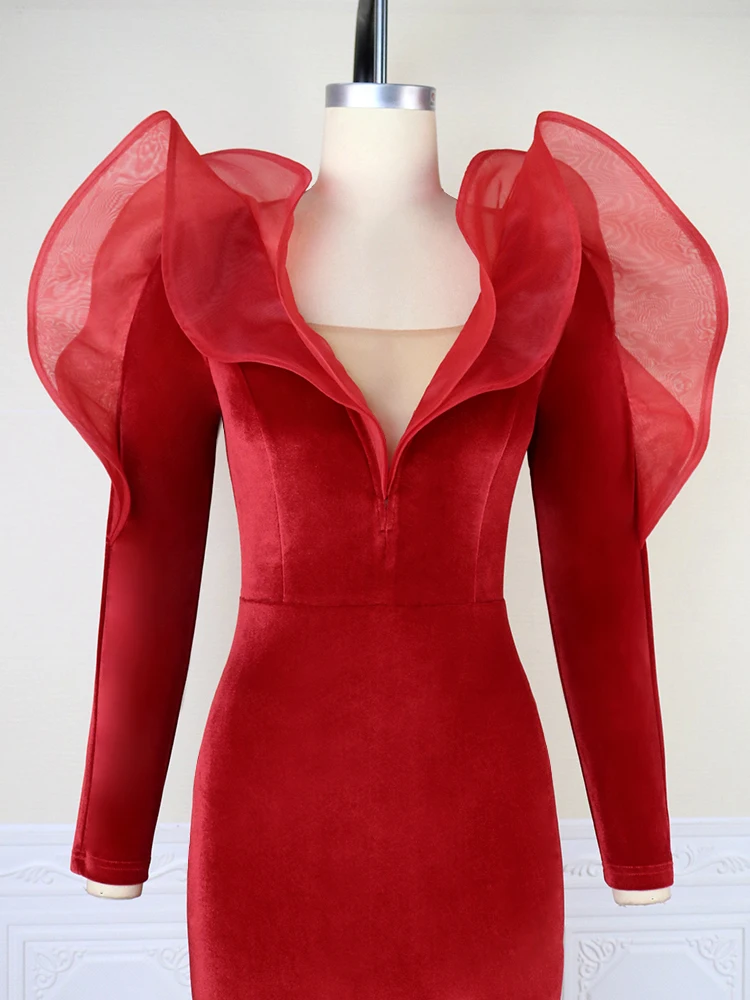 Red Velvet V-Neck Party Dress - Image 6