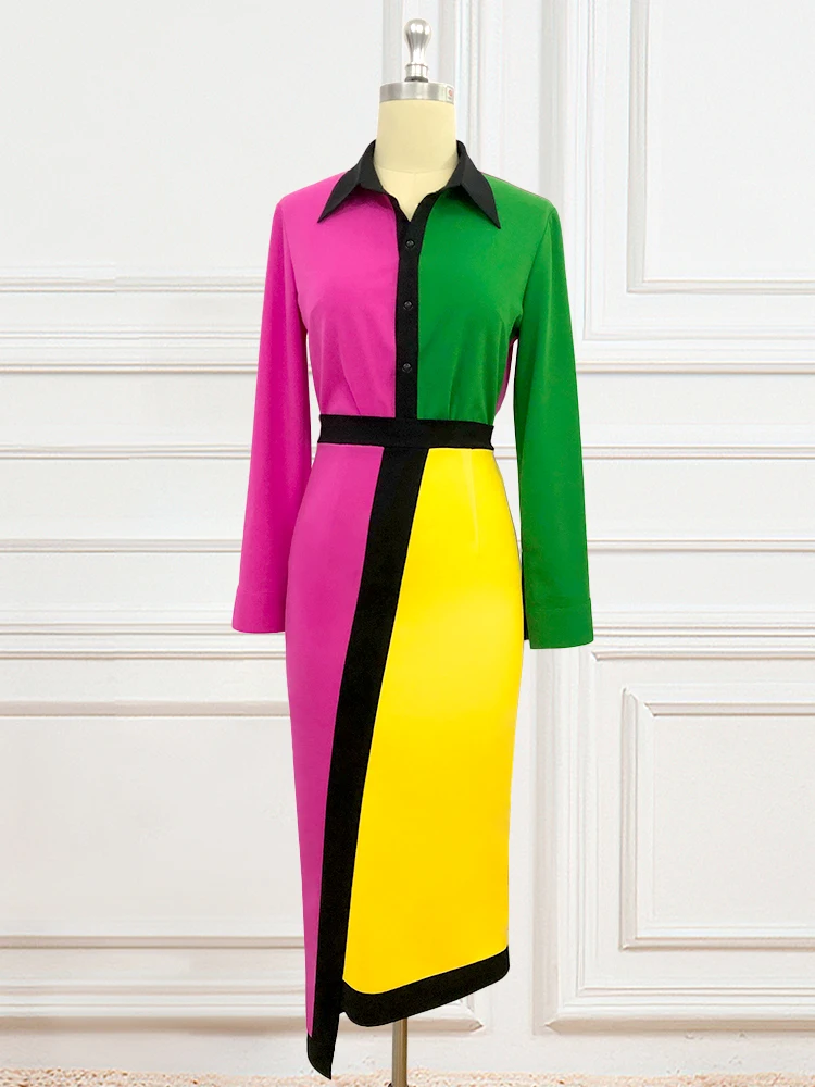 Elegant Color Block Shirt Dress with Long Sleeves - Image 4