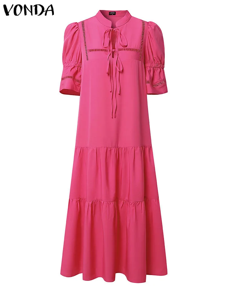 VONDA Plus Size Ruffled Lace-Up Sundress – Elegant Party Dress