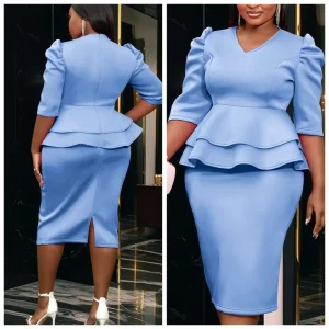 Plus Size Peplum Sheath Dress – Elegant V-Neck Church & Event Wear