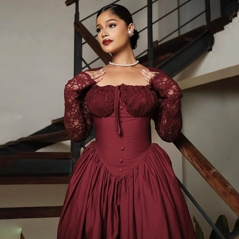 Elegant Vintage Long Dress – Lace Sleeves & Square Collar - Image 2