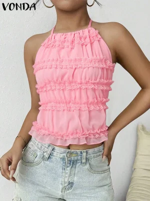 2025 VONDA Summer Backless Lace-Up Chiffon Top