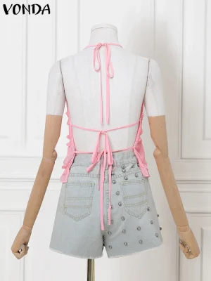 2025 VONDA Beach Backless Lace-Up Chiffon Tank
