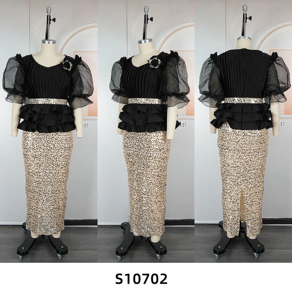 Elegant Sequin V-Neck Dress with 3D Flower Puff Sleeves & Peplum Waist - Image 6