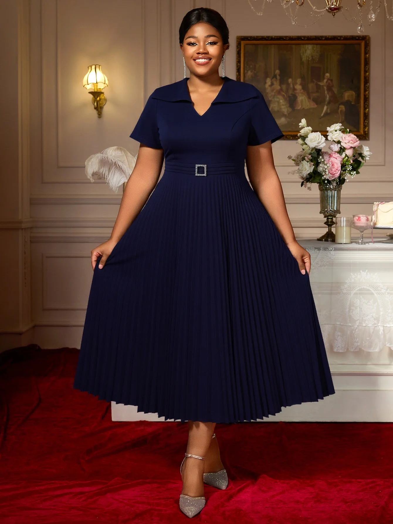 Elegant Navy A-Line Midi Dress – V-Neck, Rhinestone Belt & Pleats