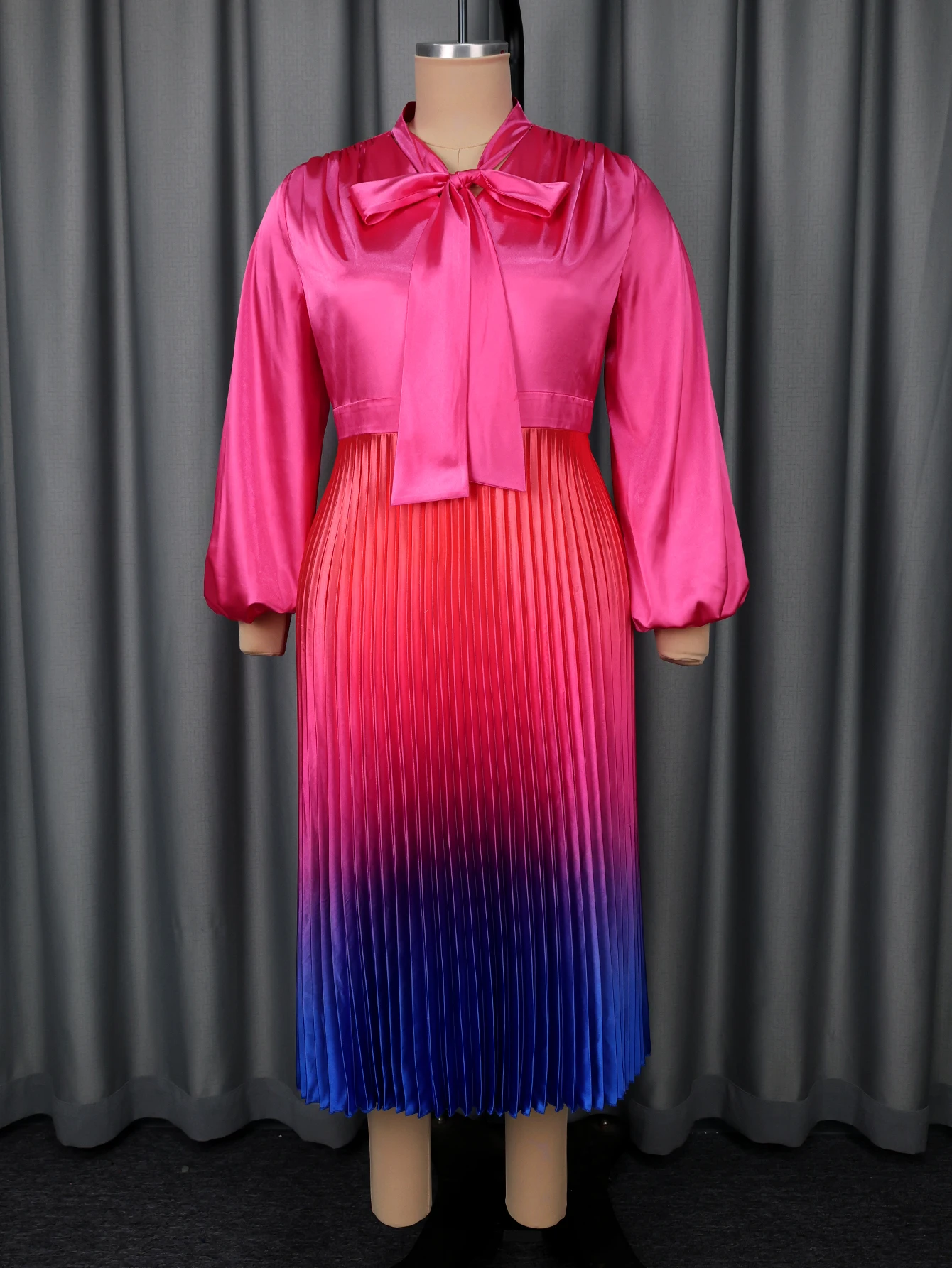 Elegant Satin Gradient A-Line Dress with Bow Collar - Image 4
