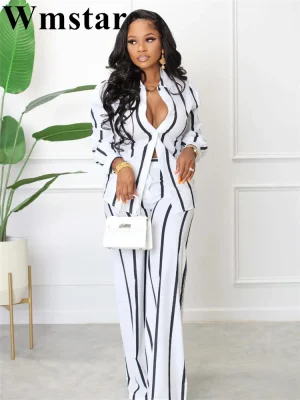 Wmstar Elegant Striped Two-Piece Set – Long Sleeve Shirt & Wide Leg Pants