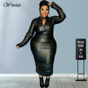 PU Leather Plus Size 5XL Zip-Up Long Sleeve Maxi Dress – Elegant Office Wear