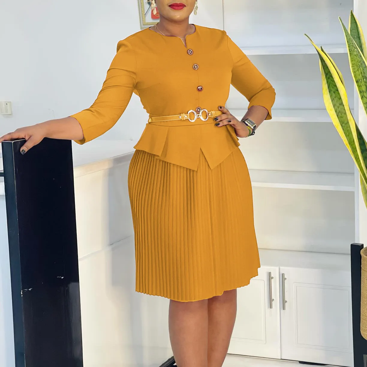Elegant Peplum Work Dress with Waist Belt - Image 5