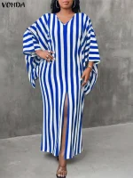 VONDA Plus Size Autumn Stripe Sundress – Vintage V-Neck Dress