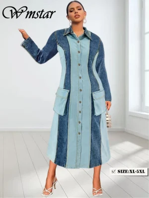Wmstar Plus Size Denim Maxi Dress – Long Sleeve Casual Fall Dress