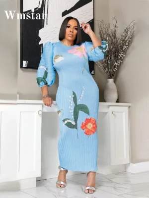 Wmstar Women's Floral Lantern Sleeve Maxi Dress