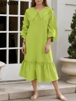 2025 VONDA Long Sleeve Midi Dress – Peter Pan Collar & Ruffles