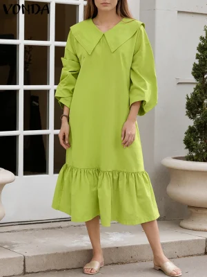 2025 VONDA Long Sleeve Midi Dress – Peter Pan Collar & Ruffles