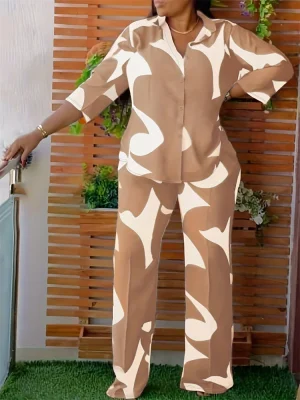 Plus Size Printed Button Shirt & Flared Pants Set – Summer 2025