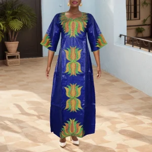Women’s Embroidered Rhinestone Bubu Kaftan Dress with V-Neck