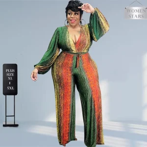 Plus Size Elegant V-Neck Long Sleeve Jumpsuit – Office One-Piece