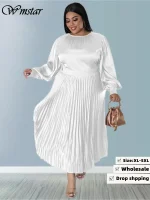 Wmstar Plus Size Pleated O-Neck Maxi Dress – Elegant Fall Party Dress