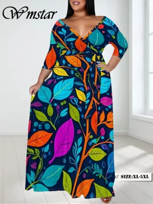 Plus Size V-Neck Printed Maxi Dress – Elegant Fall Long Sleeve Outfit