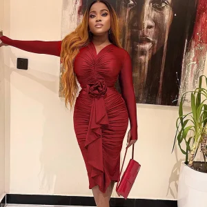 African Fashion Autumn Rose Ruched Long Sleeve Bodycon Dress