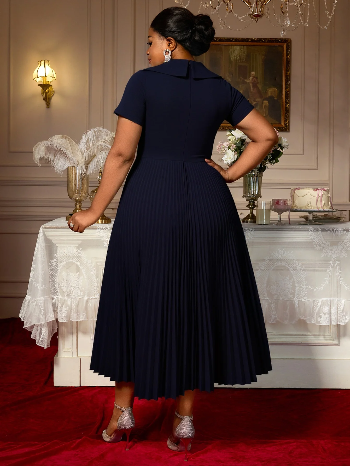 Elegant Navy A-Line Midi Dress – V-Neck, Rhinestone Belt & Pleats - Image 2