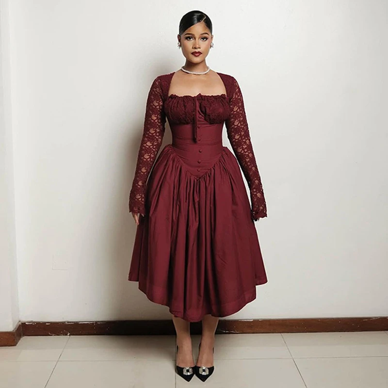 Elegant Vintage Long Dress – Lace Sleeves & Square Collar - Image 3