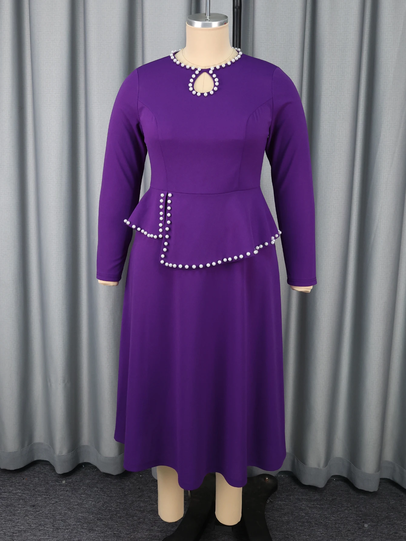 Elegant Beaded A-Line Midi Dress with Pearl Trim - Image 4