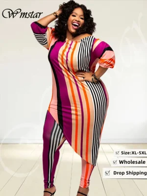 Wmstar Plus Size Two-Piece Striped Top & Leggings Set – Fall Outfit