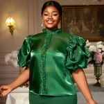 Elegant Sheer Satin Ruffle Puff Sleeve Blouse