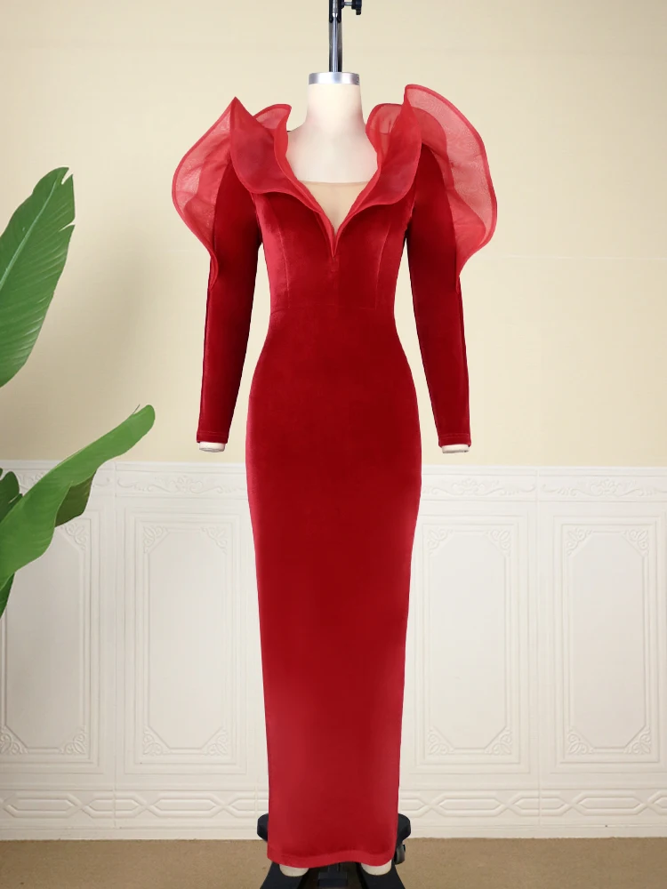Red Velvet V-Neck Party Dress - Image 4