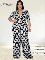Plus Size Printed V-Neck Jumpsuit with Belt – Summer 2022