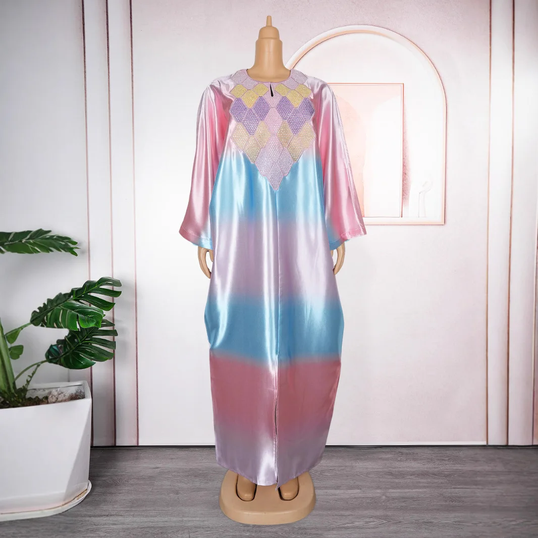 Women’s Modest Rhinestone Kaftan Bubu Dress – African Long Gradient Gown with Embroidery & Side Slit - Image 3