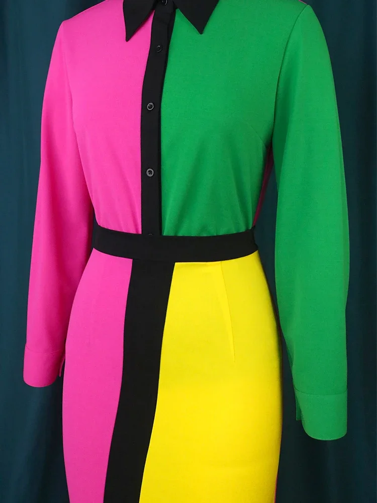 Elegant Color Block Shirt Dress with Long Sleeves - Image 6