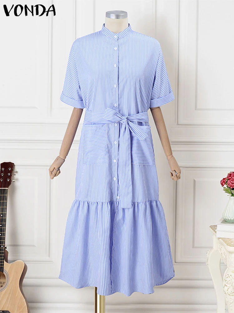 2025 VONDA Autumn Shirt Dress – Casual Striped Maxi Dress - Image 2