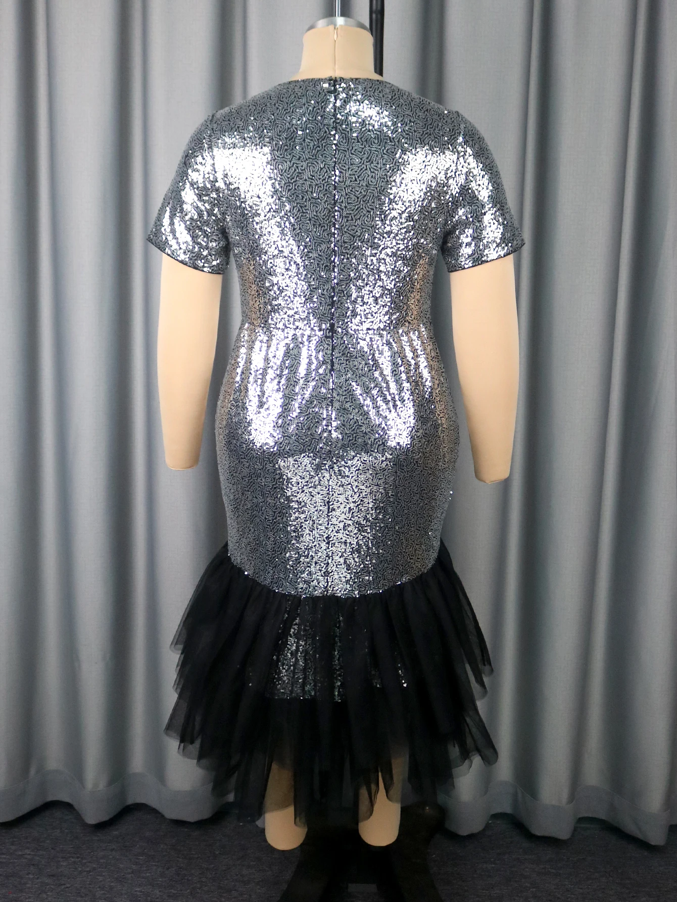 Silver Sequin Mermaid Dress with Black Tulle Hem - Image 5