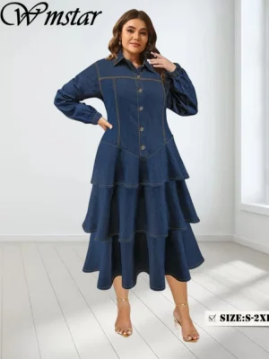 Plus Size Denim Button Maxi Dress – Fall/Winter Elegant