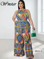 Wmstar Plus Size Sleeveless Printed Jumpsuit with Belt