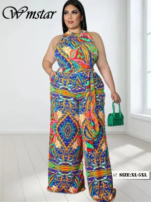 Wmstar Plus Size Sleeveless Printed Jumpsuit with Belt