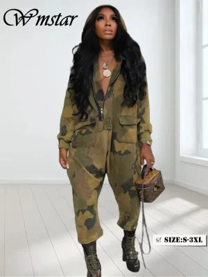 Wmstar Women’s Camouflage Cargo Zip-Up Jumpsuit