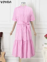 2025 VONDA Autumn Shirt Dress – Casual Striped Maxi Dress