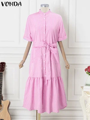 2025 VONDA Autumn Shirt Dress – Casual Striped Maxi Dress