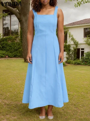 2025 VONDA Plus Size 5XL Square Collar Midi Dress – Sleeveless A-Line
