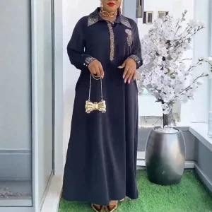 Muslim Elegant Maxi Dress – Turn-Down Collar, Long Sleeves, Diamond Buttons