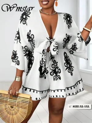 Plus Size Printed Deep V-Neck Jumpsuit – Summer Romper
