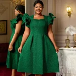 Elegant Green Jacquard A-Line Midi Dress