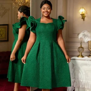 Elegant Green Jacquard A-Line Midi Dress