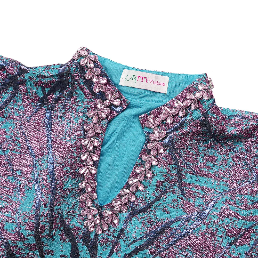 Women’s Modest Jacquard Satin Bubu Dress – V-Neck, Half Sleeve, Diamond Detail - Image 5