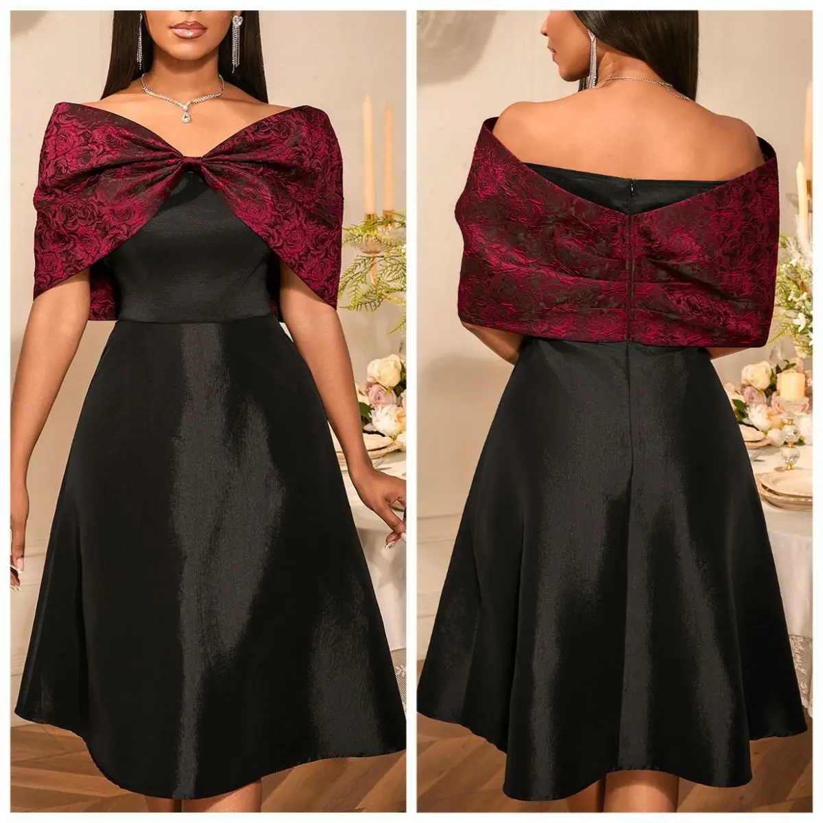 Women’s Off-Shoulder A-Line Jacquard Party Dress with Bow – Evening & Wedding