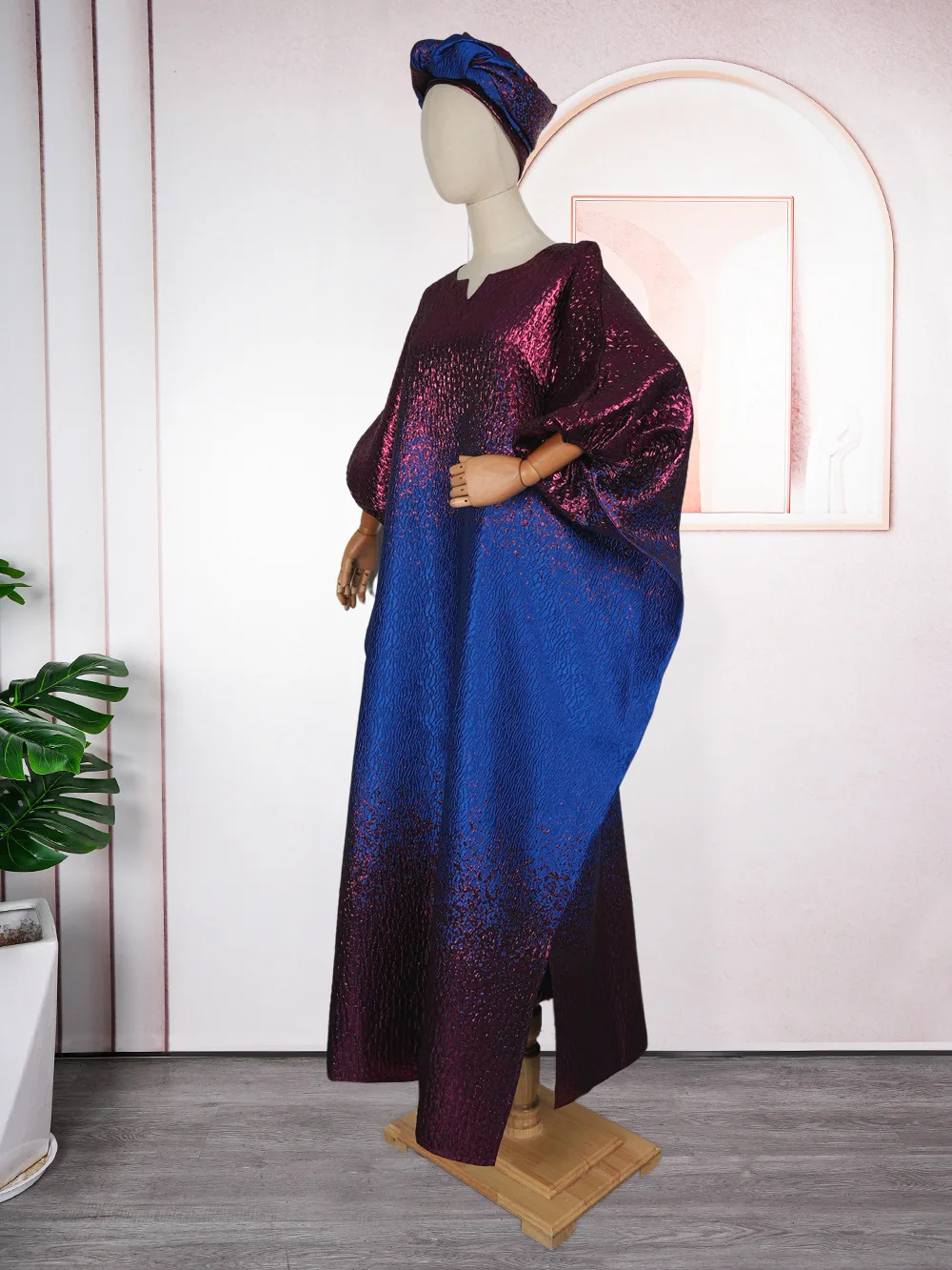 Women’s Modest Color Block Satin Bubu Dress – V-Neck, Half Sleeve, Side Slit - Image 3